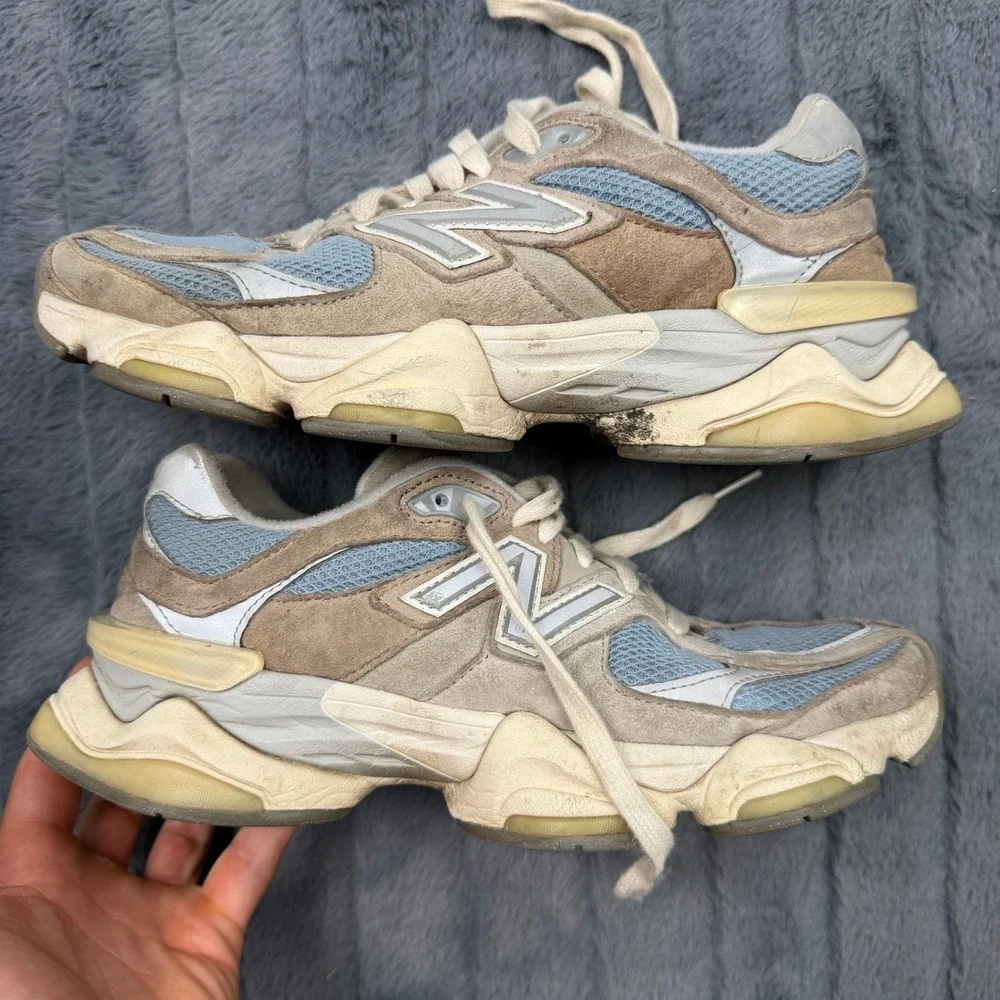 New Balance 9060 Tan Light Blue Grey Suede Mesh Sneakers U9060FNA Mens 7.5